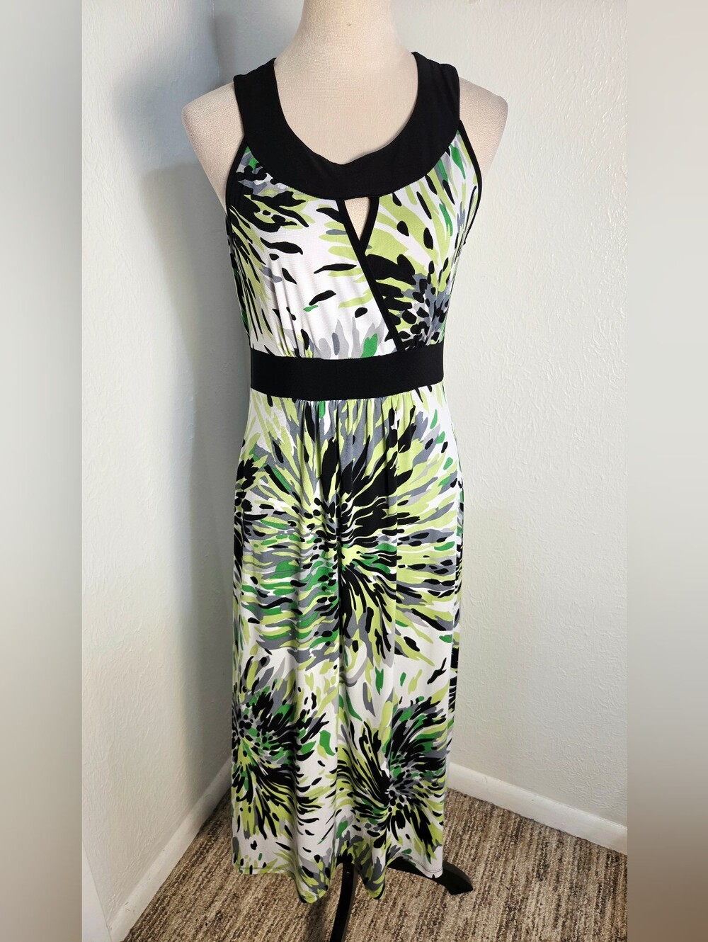 Susan Lawrence Green, White & Black Floral Burst Maxi Dress Black Trim Sz Small - Picture 2 of 9